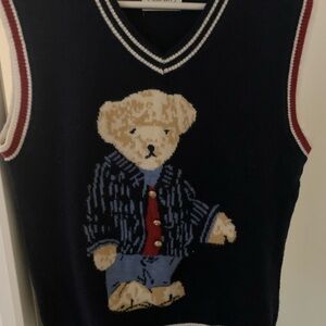 Cider Navy V-Neck Sweater Vest with Bear Design